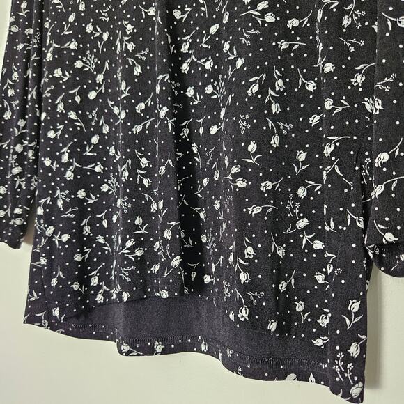 Vtg Floral Rose Print Blouse Womens PL Black White Whimsigoth Witchy Boho Y2K - Picture 4 of 8